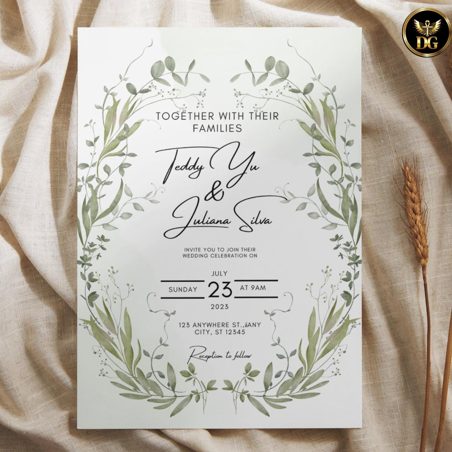 Olive Green Watercolor Wedding Invitation with Olive Leaf Wreath – Editable Canva Template for Elegant Botanical Weddings