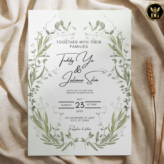 Olive Green Watercolor Wedding Invitation with Olive Leaf Wreath – Editable Canva Template for Elegant Botanical Weddings
