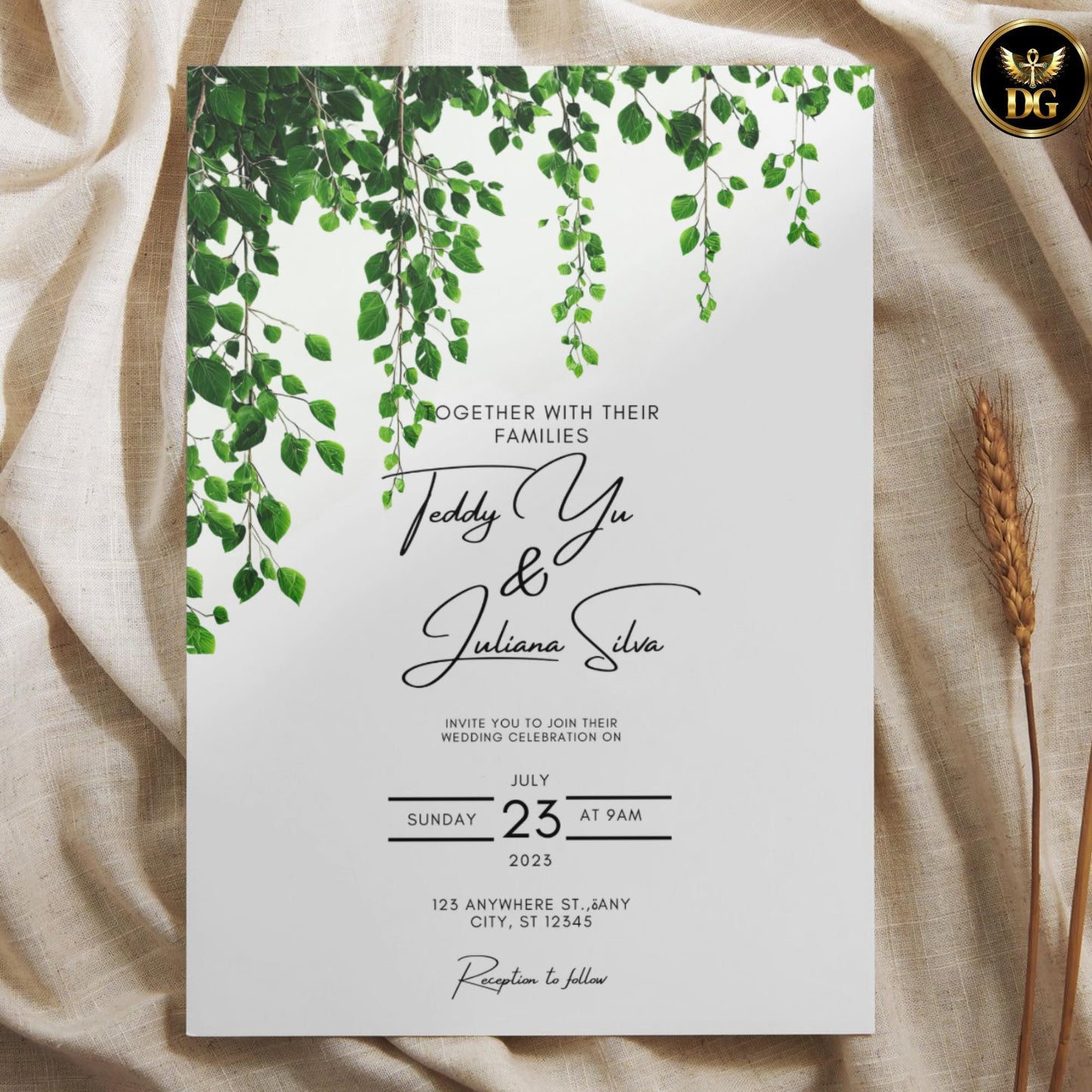 Ethereal Ivy Wedding Invitation | White & Soft Green Botanical Digital Suite | Editable Canva Template | Minimalist Garden Wedding Invite