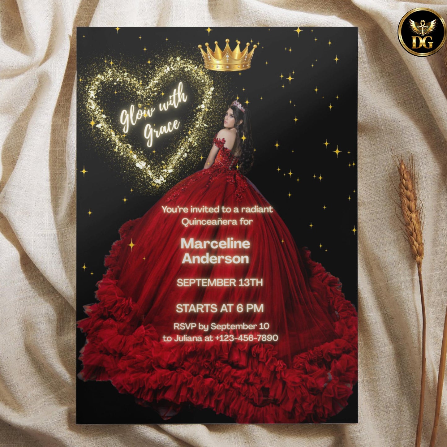 Birthday Invitation | Editable Digital Template | Red Dress, Black & Gold Glitter Heart Quinceañeras