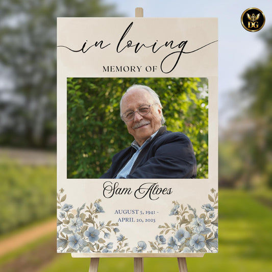 Funeral Welcome Sign Beige Watercolor with Baby Blue Flowers, Memorial Welcome Poster Editable in Canva, Celebration of Life Sign