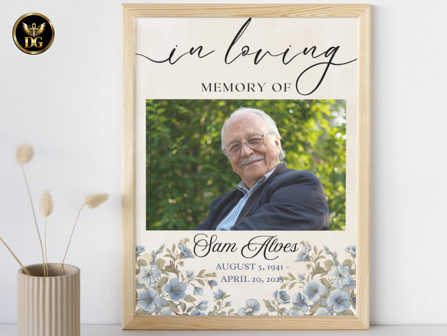 Funeral Welcome Sign Beige Watercolor with Baby Blue Flowers, Memorial Welcome Poster Editable in Canva, Celebration of Life Sign