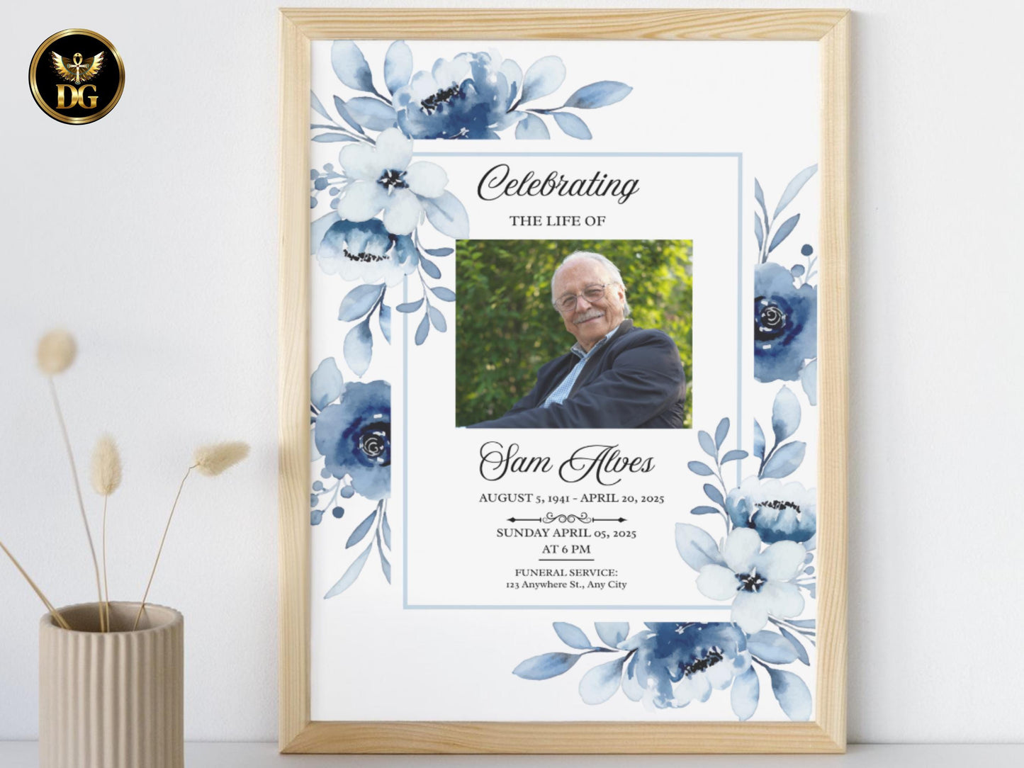 Blush Blue Floral Funeral Templates, Elegant Memorial Program, Sympathy Invitation, Celebration of Life, Editable Canva, Digital Download