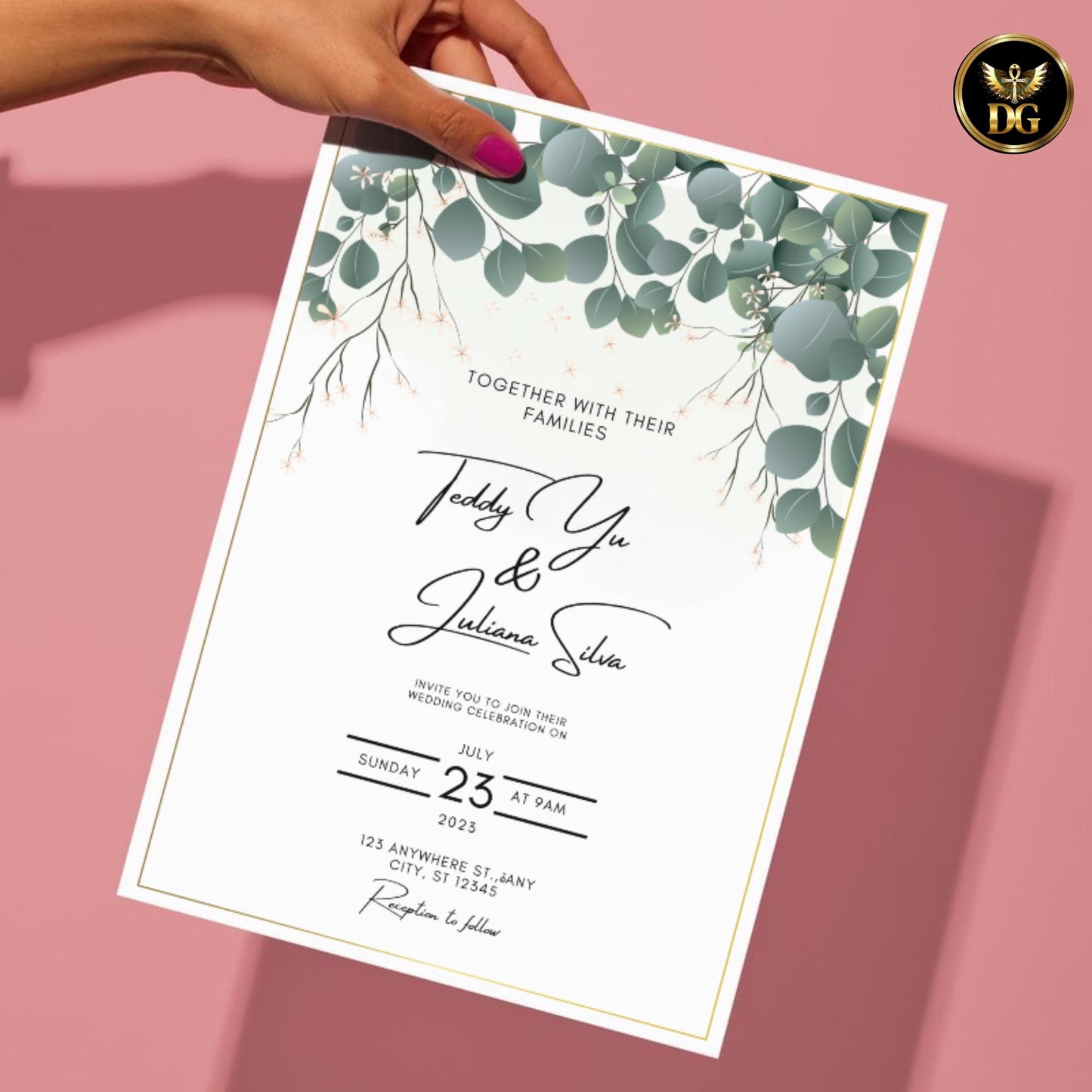 Classic Ivy & Gold Wedding Invitation Suite, Editable Canva Template, Green Botanical Wedding Invite, Elegant Garden Wedding Stationery