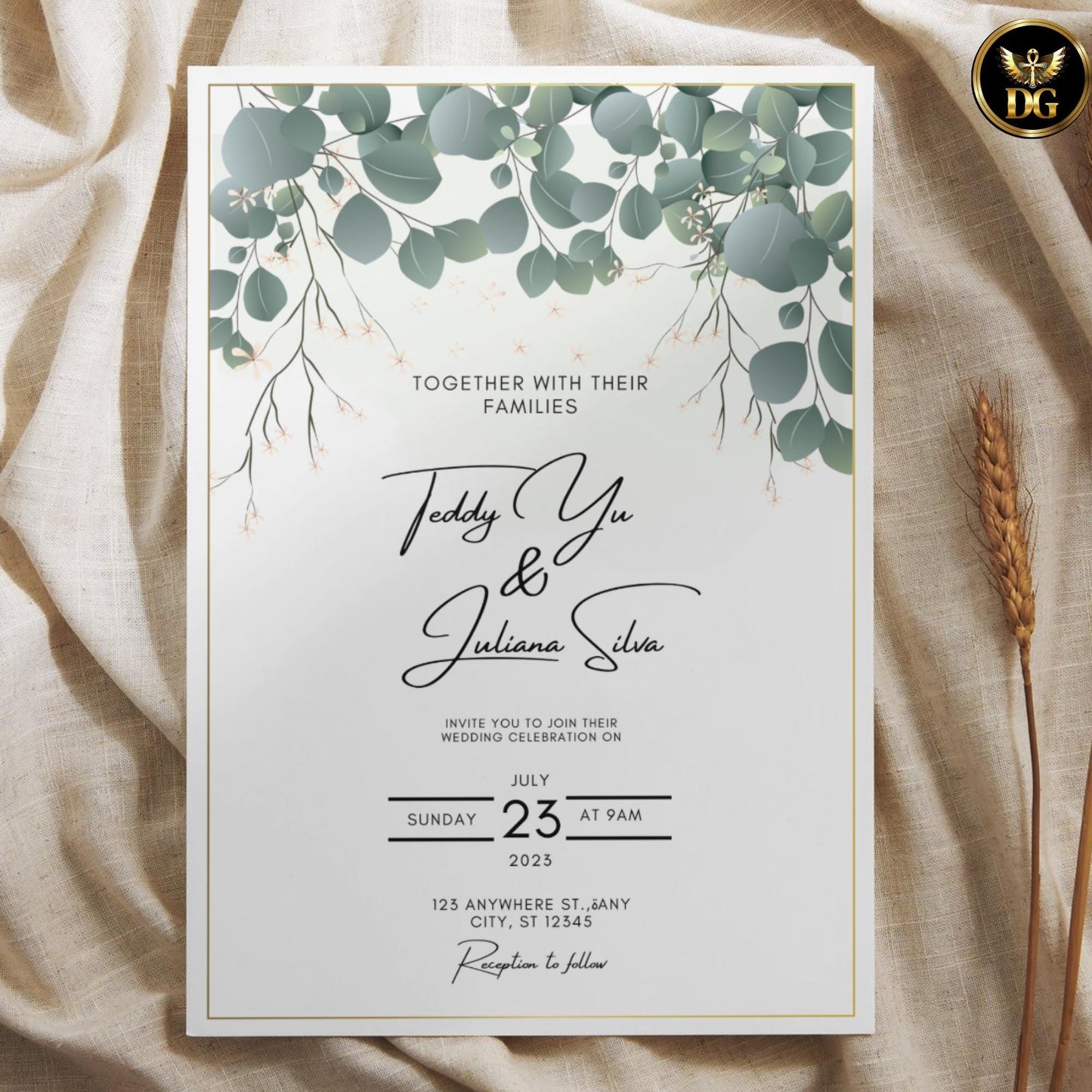 Classic Ivy & Gold Wedding Invitation Suite, Editable Canva Template, Green Botanical Wedding Invite, Elegant Garden Wedding Stationery