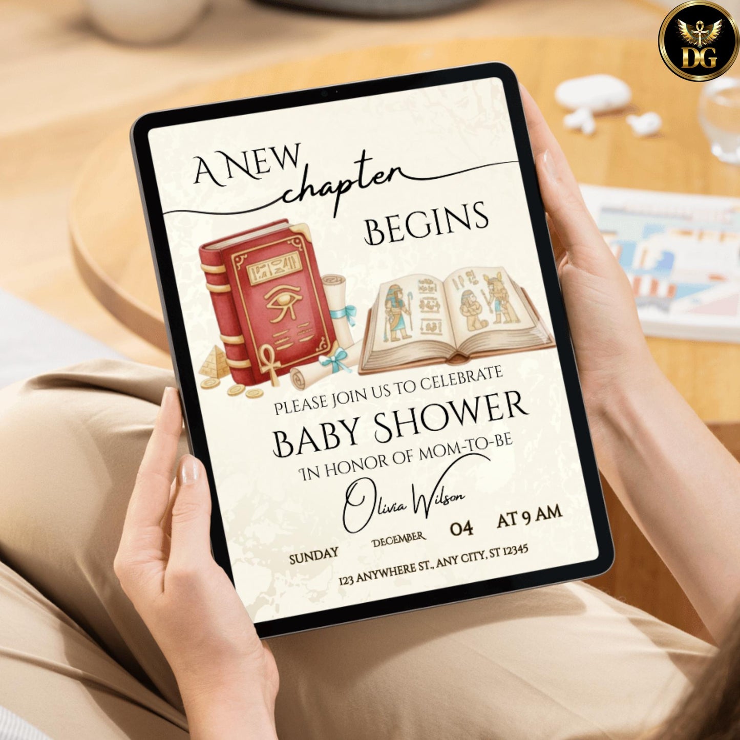 A New Chapter Begins – Cream & Gold Egyptian Baby Shower Invitation with Red Pharaoh Book | Editable Canva Template