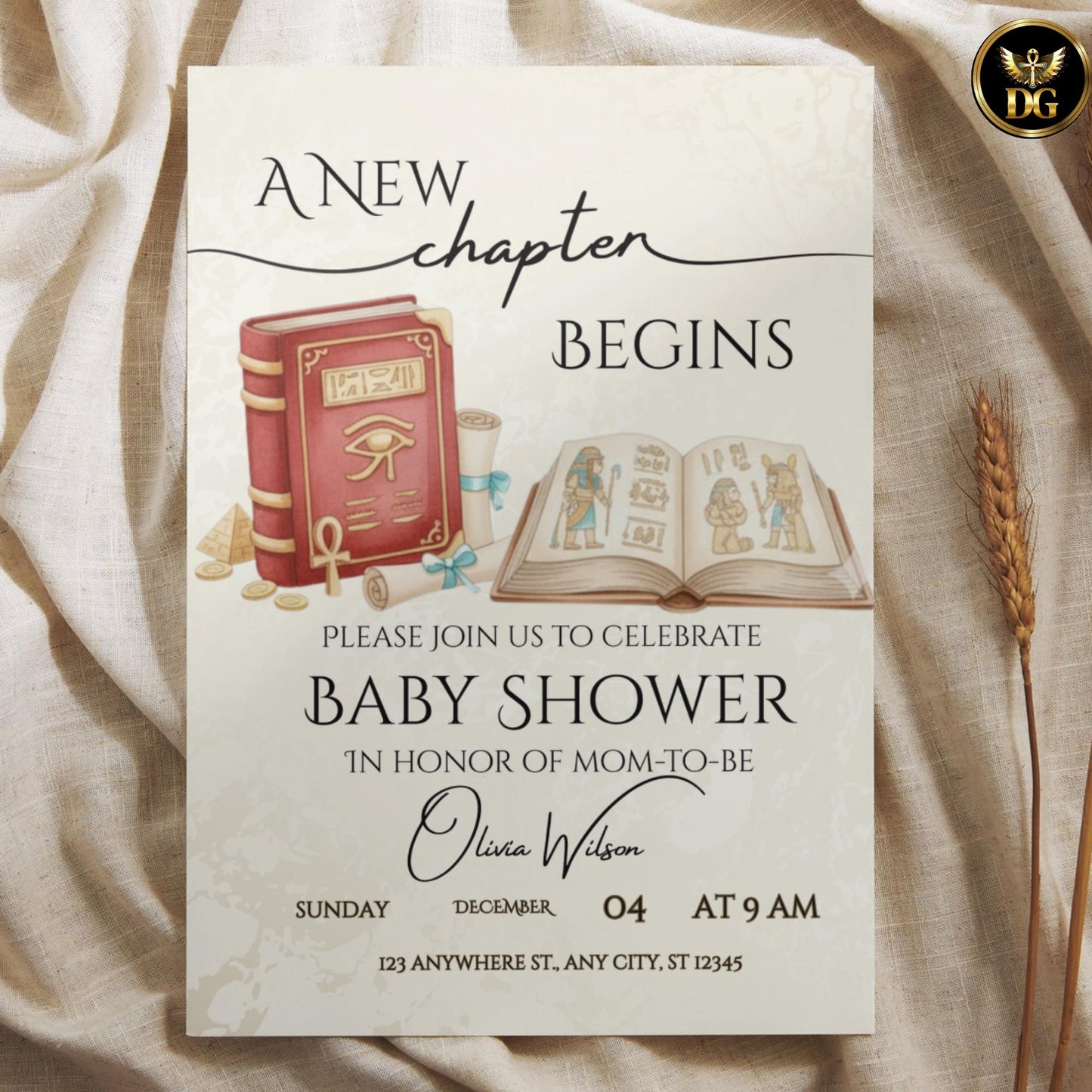 A New Chapter Begins – Cream & Gold Egyptian Baby Shower Invitation with Red Pharaoh Book | Editable Canva Template