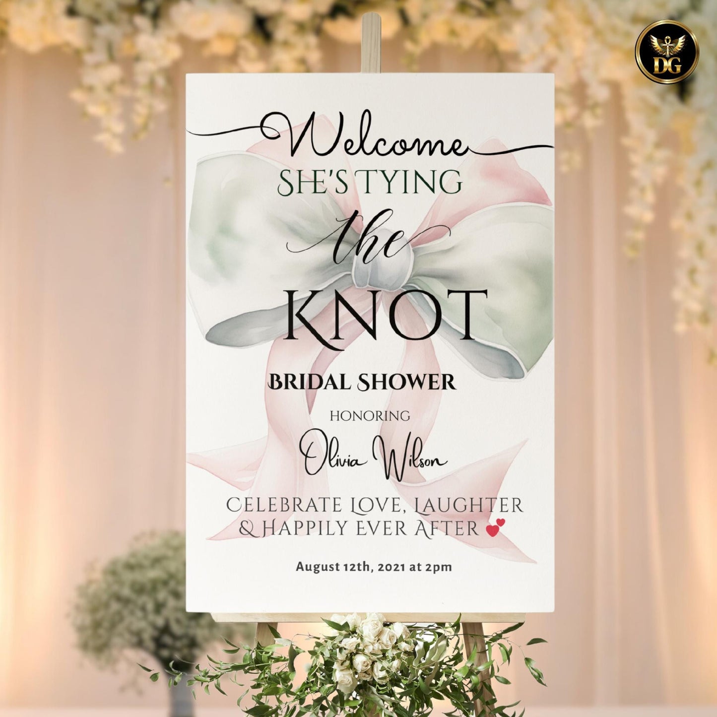 Pink Bow Bridal Shower Welcome Sign Printable, Elegant She’s Tying the Knot Welcome Poster, White & Light Green Bridal Decor