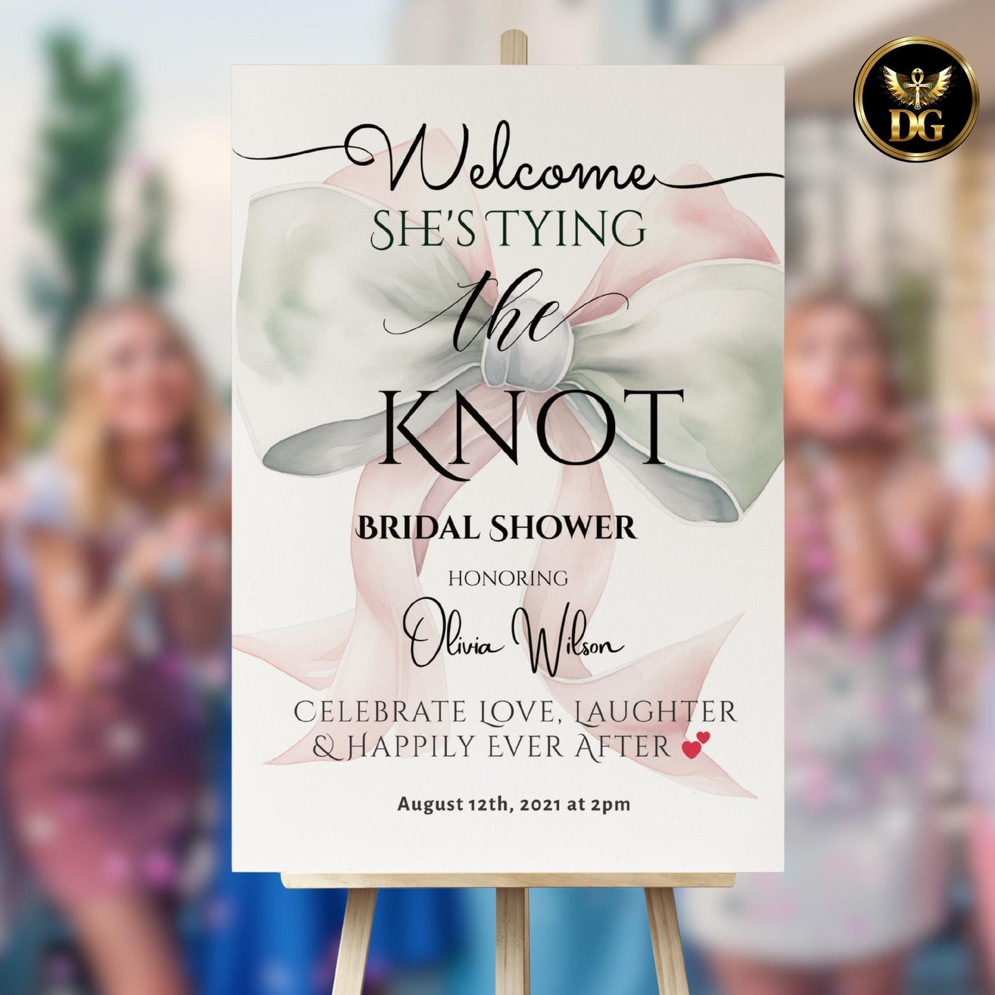 Pink Bow Bridal Shower Welcome Sign Printable, Elegant She’s Tying the Knot Welcome Poster, White & Light Green Bridal Decor