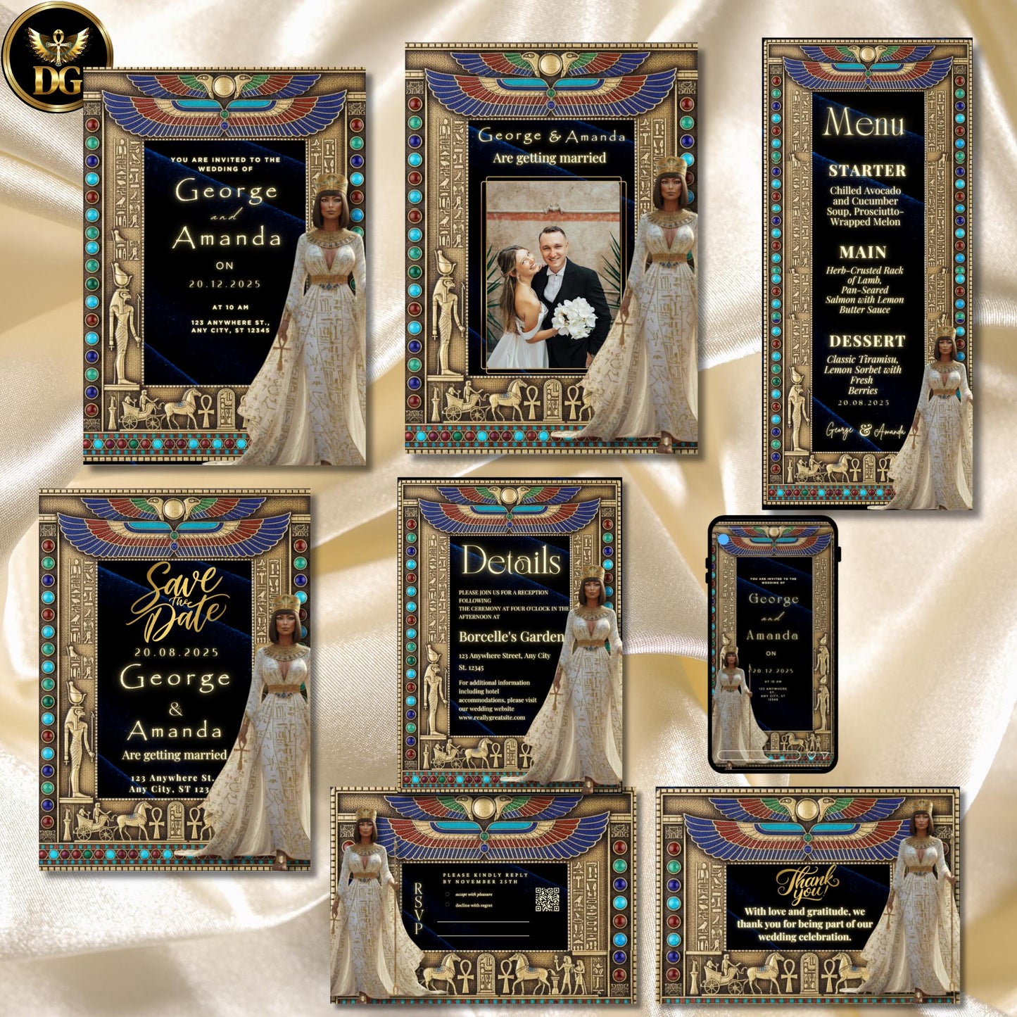The Sapphire Dynasty | Egyptian Wedding Invitation Suite – Luxury Navy Blue & Gold Digital Invitations for Pharaoh-Themed Weddings