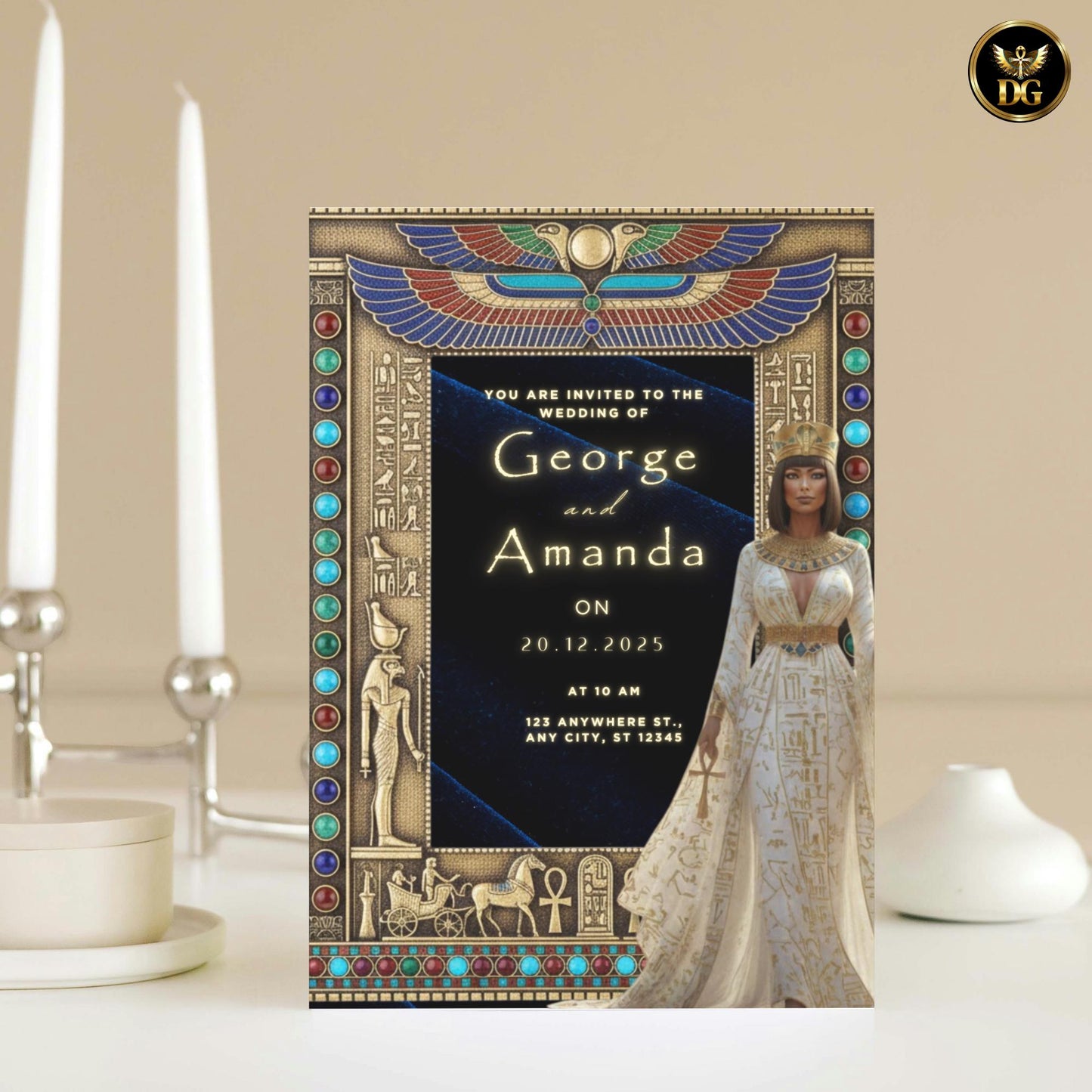 The Sapphire Dynasty | Egyptian Wedding Invitation Suite – Luxury Navy Blue & Gold Digital Invitations for Pharaoh-Themed Weddings