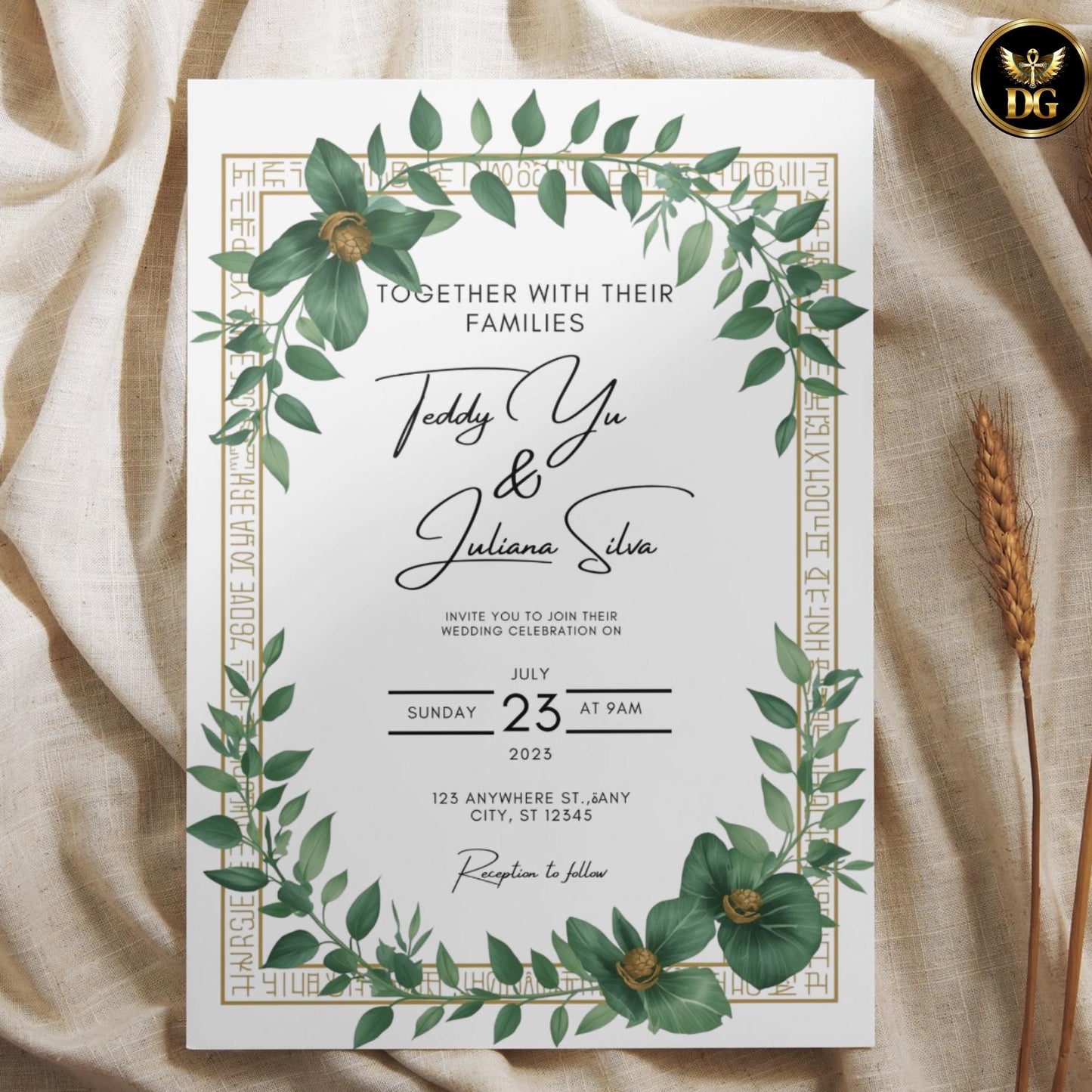 Luxury Royal Egyptian Wedding Invitation Template Canva, Elite Pharaoh Gold Hieroglyph Frame Digital Invite, Minimalist White Background"
