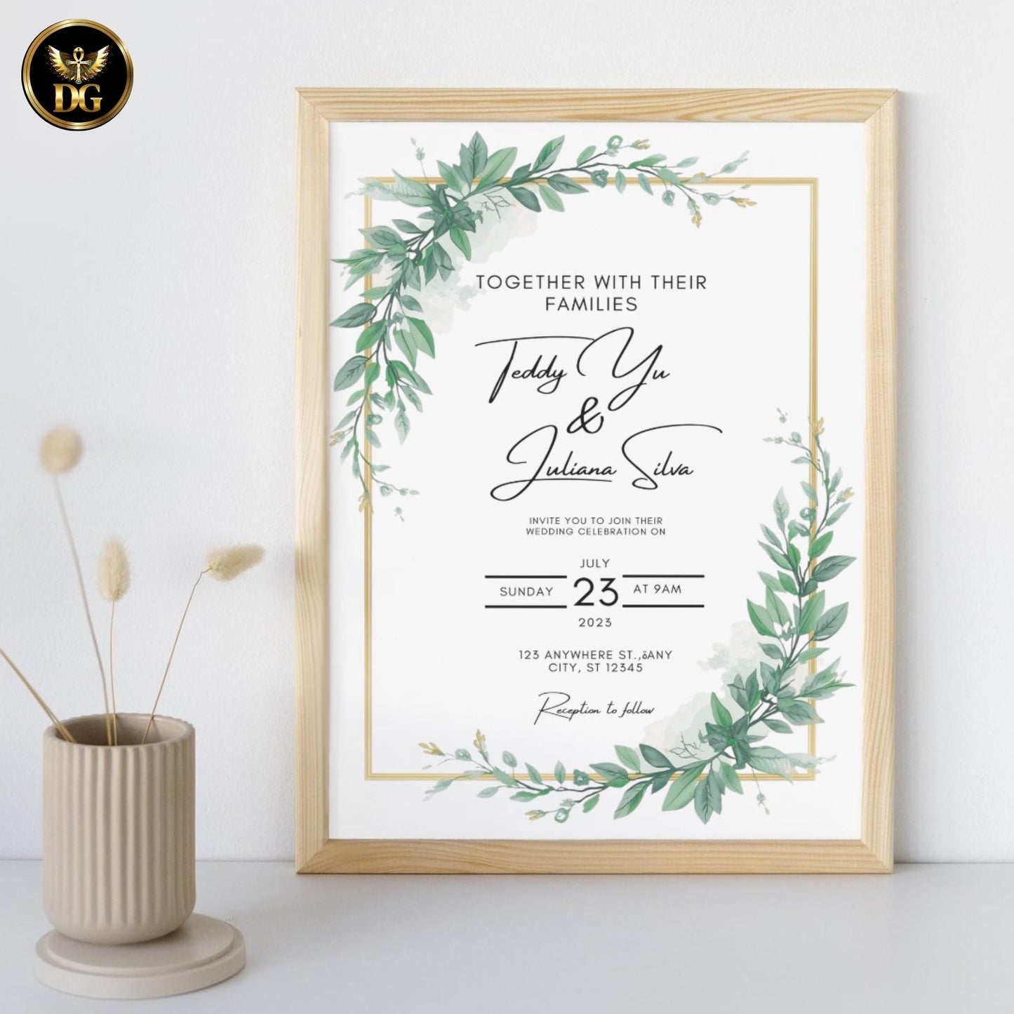 Elegant Gold Frame Green Watercolor Wedding Invitation Template | Editable Canva Digital Download | Minimalist Botanical Ivy Leaves Suite