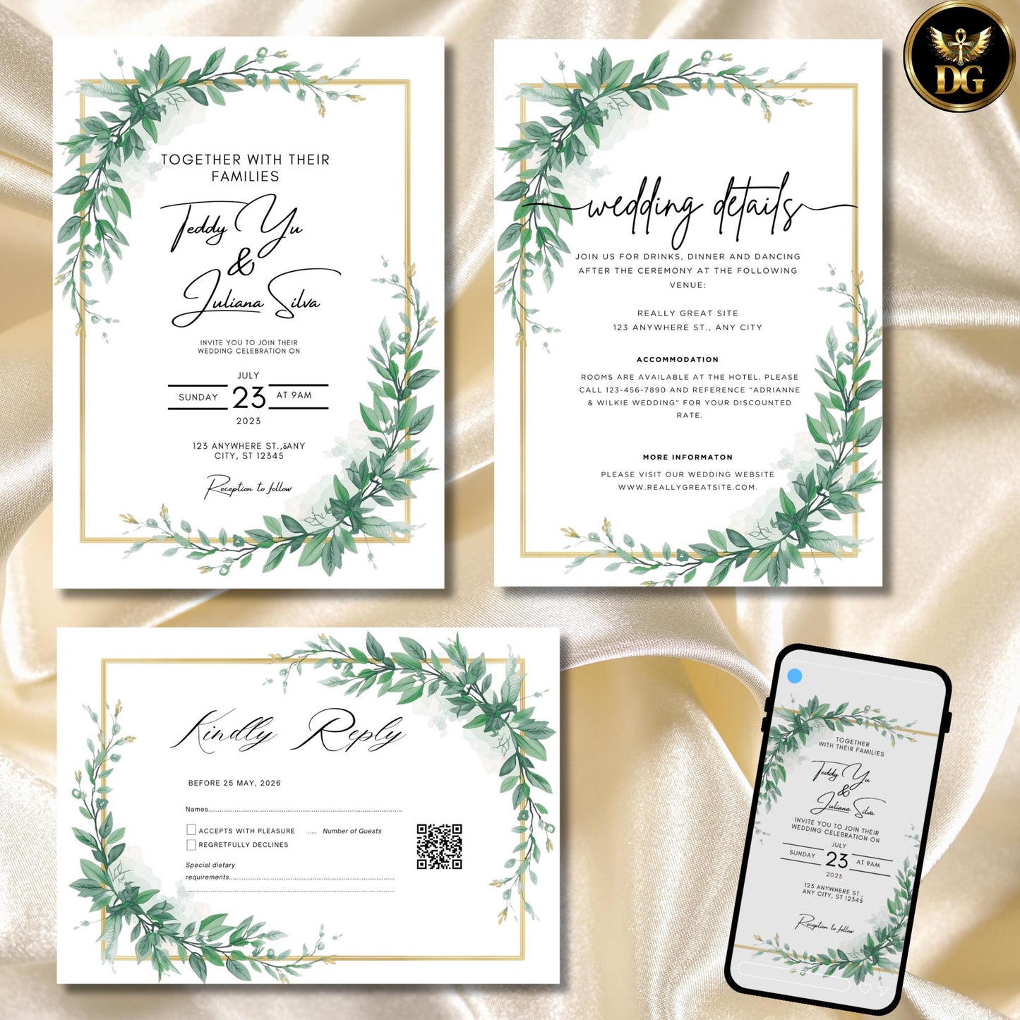 Elegant Gold Frame Green Watercolor Wedding Invitation Template | Editable Canva Digital Download | Minimalist Botanical Ivy Leaves Suite