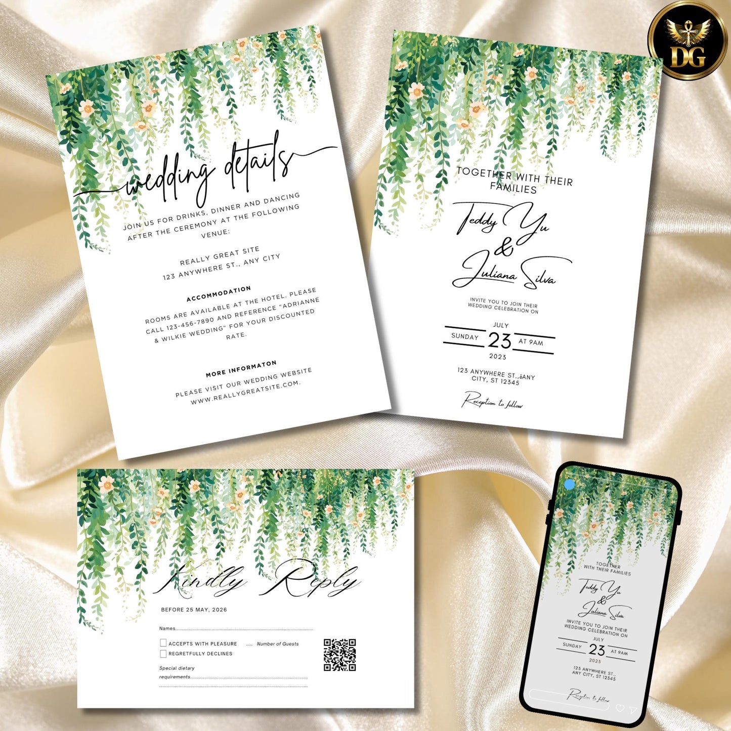 Hanging Greenery Delicate Blooms Wedding Invitation Template Editable Canva Digital Download Watercolor Branches Yellow Orange Beige Flowers