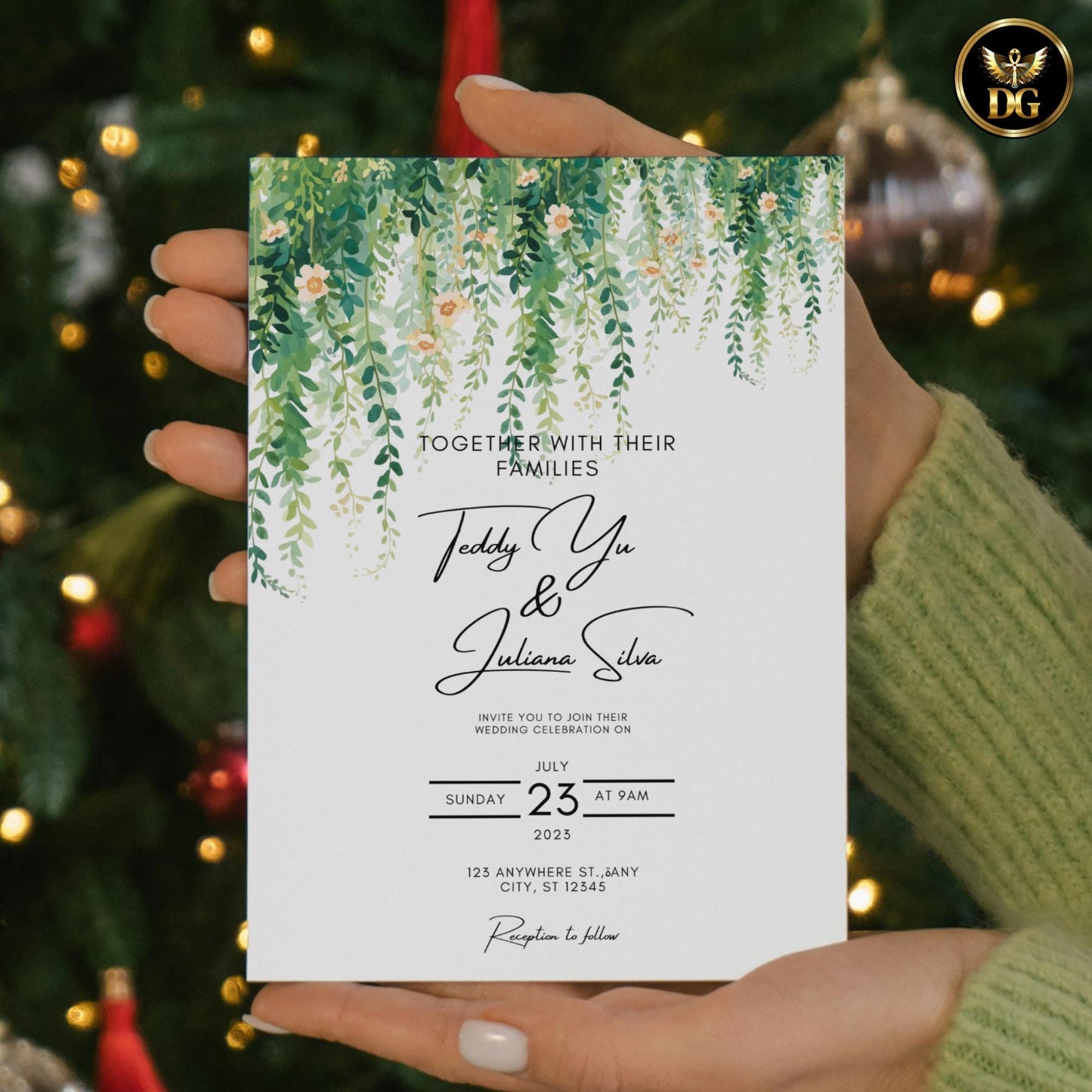 Hanging Greenery Delicate Blooms Wedding Invitation Template Editable Canva Digital Download Watercolor Branches Yellow Orange Beige Flowers