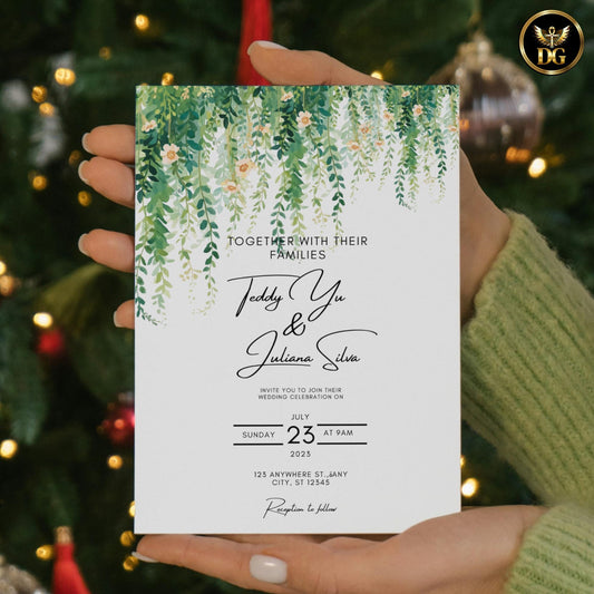 Hanging Greenery Delicate Blooms Wedding Invitation Template Editable Canva Digital Download Watercolor Branches Yellow Orange Beige Flowers