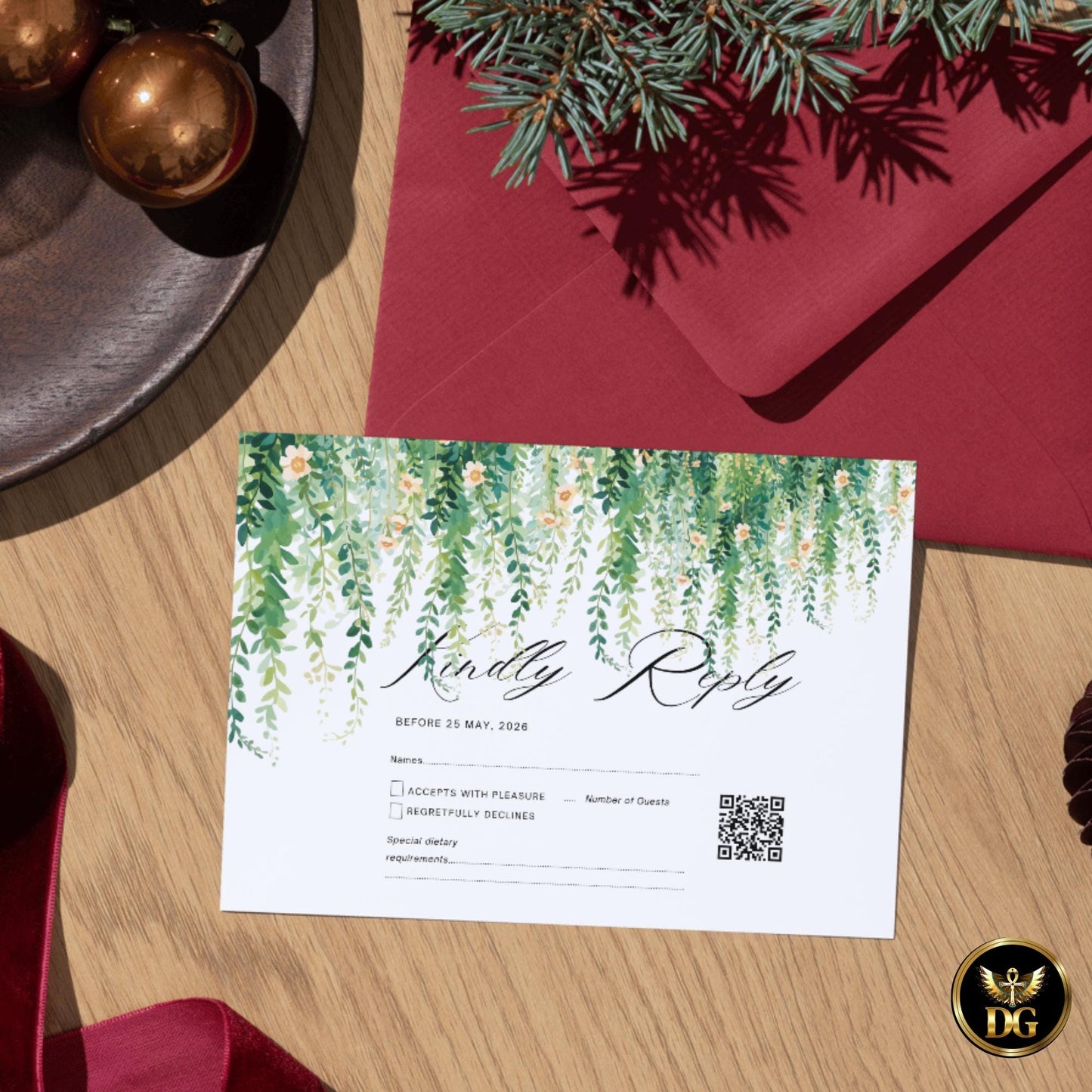 Hanging Greenery Delicate Blooms Wedding Invitation Template Editable Canva Digital Download Watercolor Branches Yellow Orange Beige Flowers