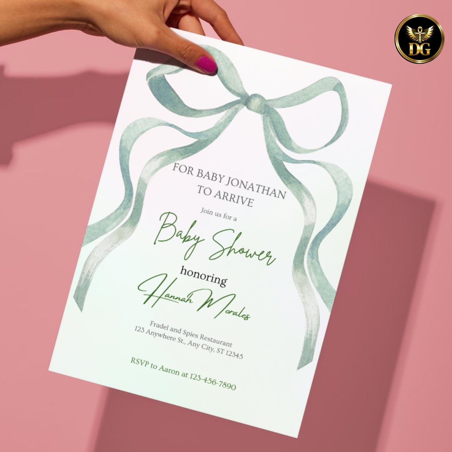 Pastel Mint Green Pink Baby Shower Invitation Template | Editable Canva Digital | Large Bow Diaper Raffle, Books for Baby Cards Suite
