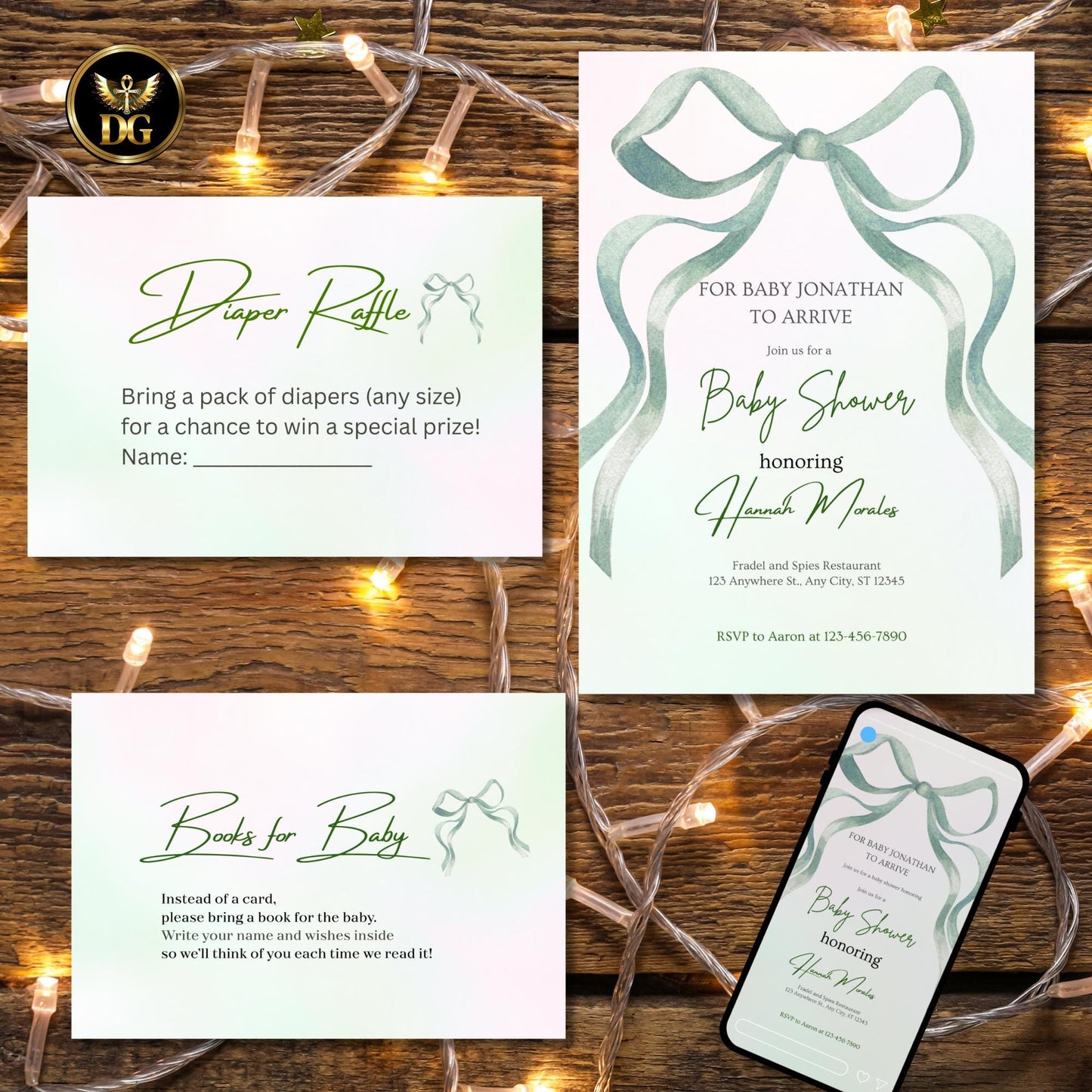 Pastel Mint Green Pink Baby Shower Invitation Template | Editable Canva Digital | Large Bow Diaper Raffle, Books for Baby Cards Suite
