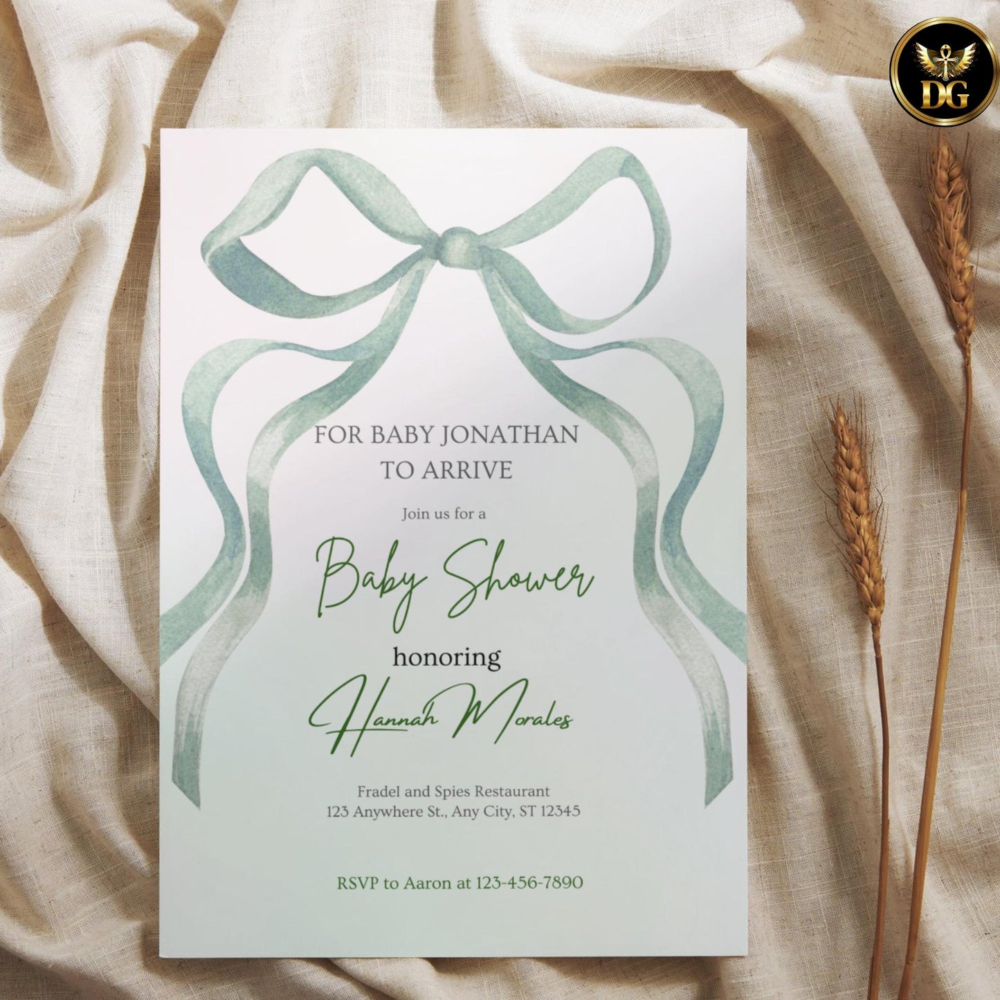 Pastel Mint Green Pink Baby Shower Invitation Template | Editable Canva Digital | Large Bow Diaper Raffle, Books for Baby Cards Suite