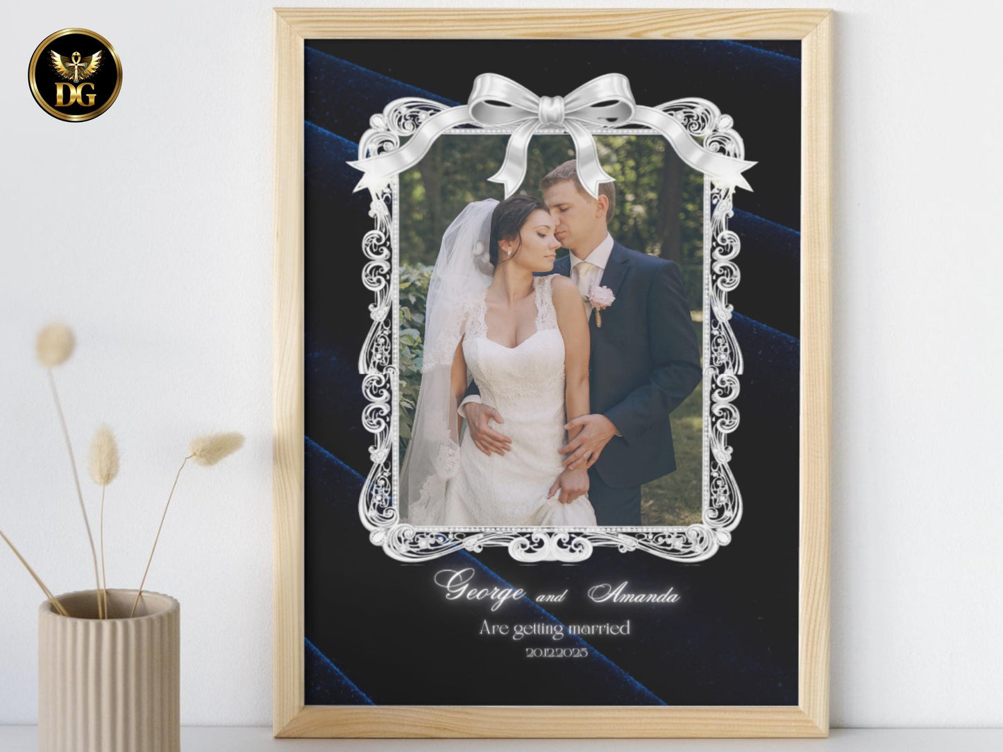Navy Velvet & White Gold Diamond Wedding Invitation Suite with Bow | Luxury Royal Canva Template Elegant Opulent Design