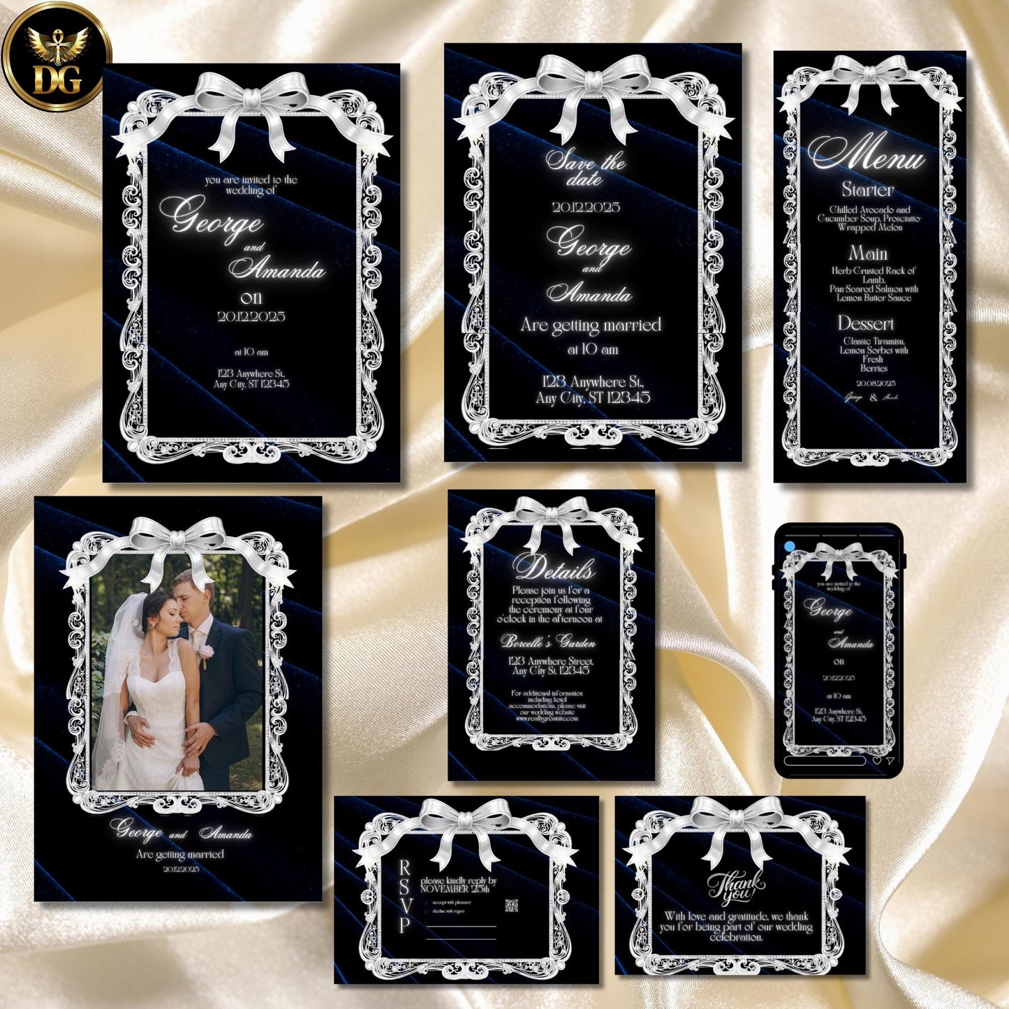 Navy Velvet & White Gold Diamond Wedding Invitation Suite with Bow | Luxury Royal Canva Template Elegant Opulent Design