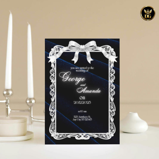 Navy Velvet & White Gold Diamond Wedding Invitation Suite with Bow | Luxury Royal Canva Template Elegant Opulent Design