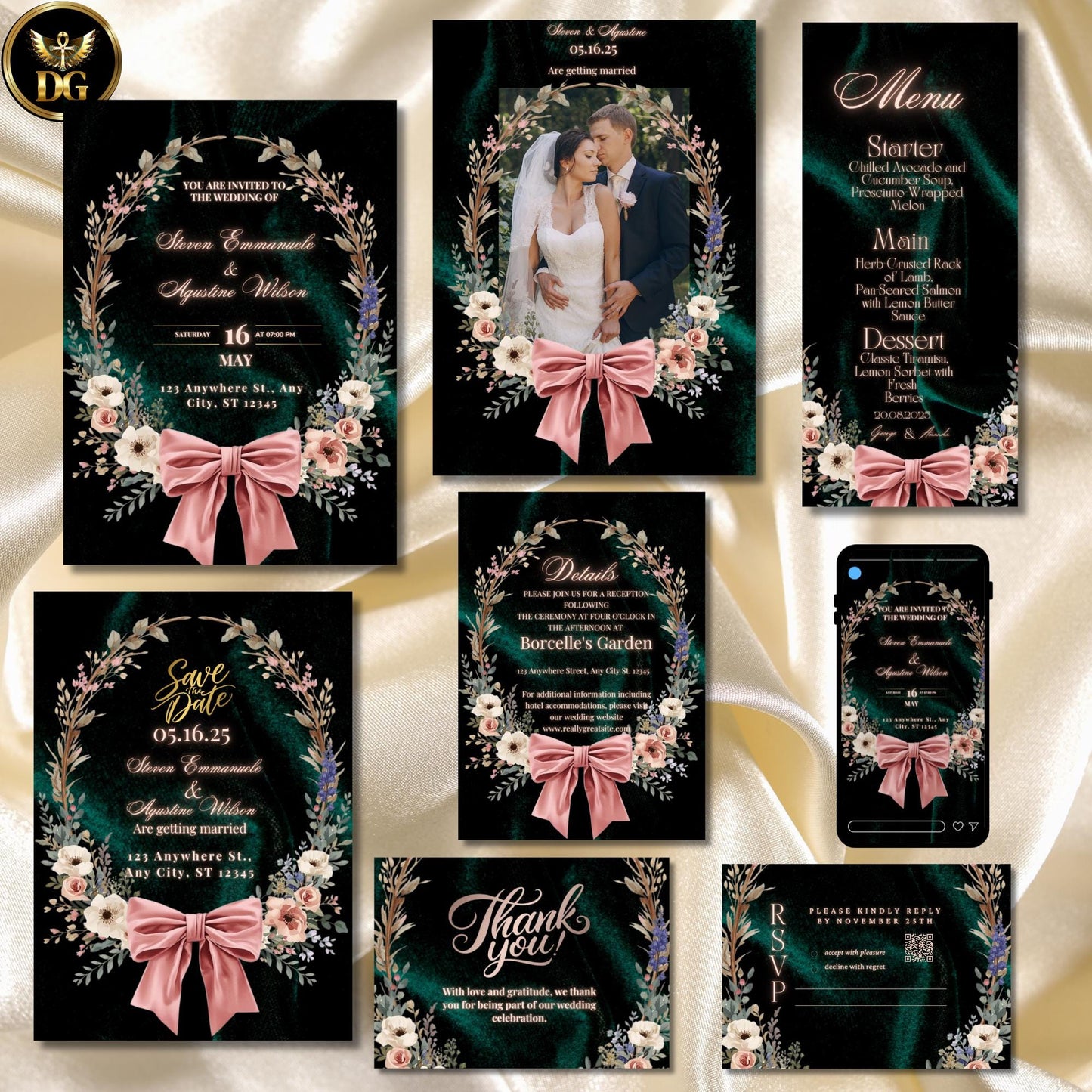 Emerald Velvet Wedding Invitation Suite | Blush Pink Bow & Botanical Wreath | Editable Canva Wedding Invitations | Romantic Elegant Design
