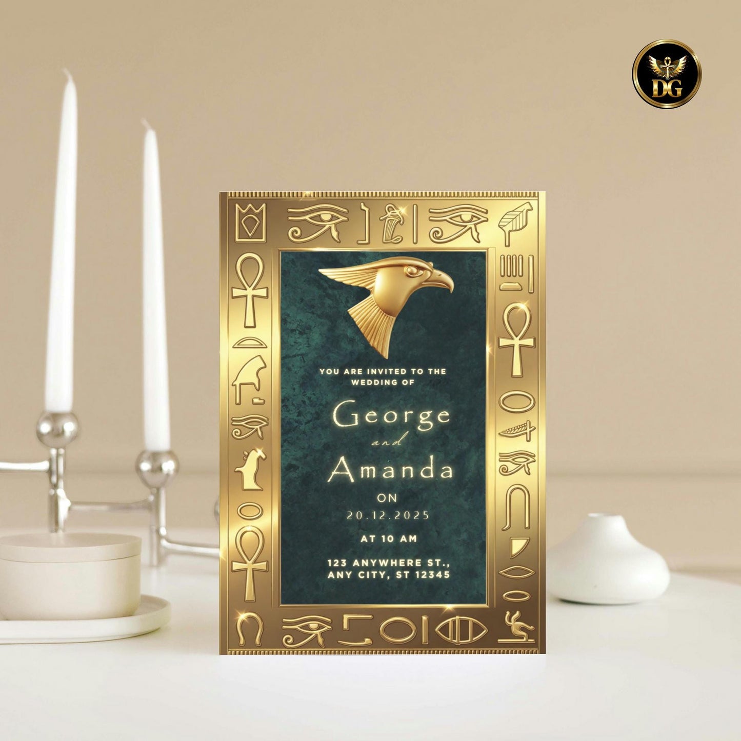 Regal Emerald Green & Gold Egyptian Wedding Invitation Suite | Luxurious Horus-Themed Digital Cards for Royal Mystical Weddings