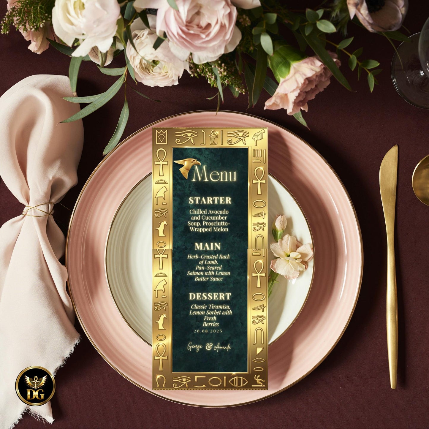 Regal Emerald Green & Gold Egyptian Wedding Invitation Suite | Luxurious Horus-Themed Digital Cards for Royal Mystical Weddings