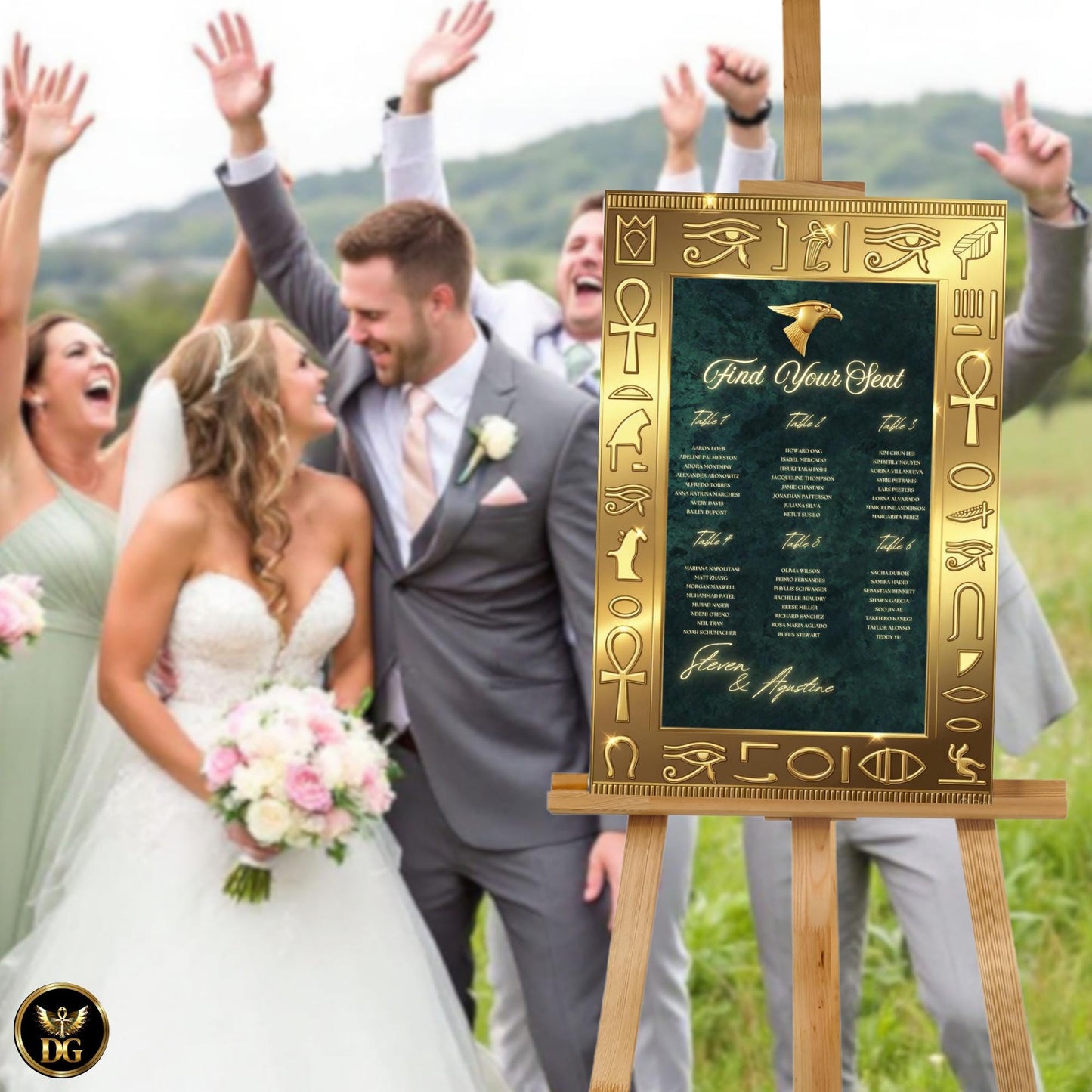 Emerald Pharaoh Wedding Seat Chart Sign – Matching Bandal Sizes Set, Luxury Egyptian Decor with Gold Frame & Horus Design
