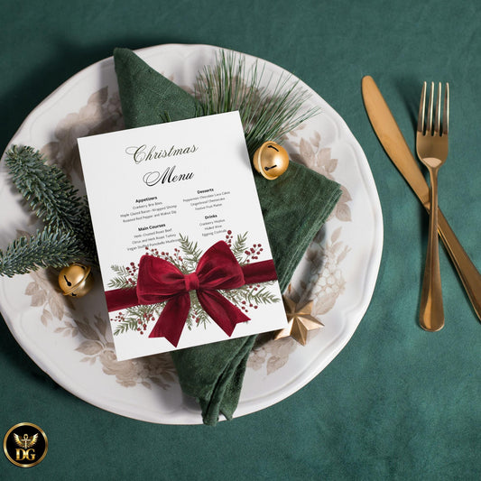 Luxury Christmas Dinner Menu & Wine Label Set | White Background, Red Ribbon Cherry Design | Printable Digital Holiday Menu