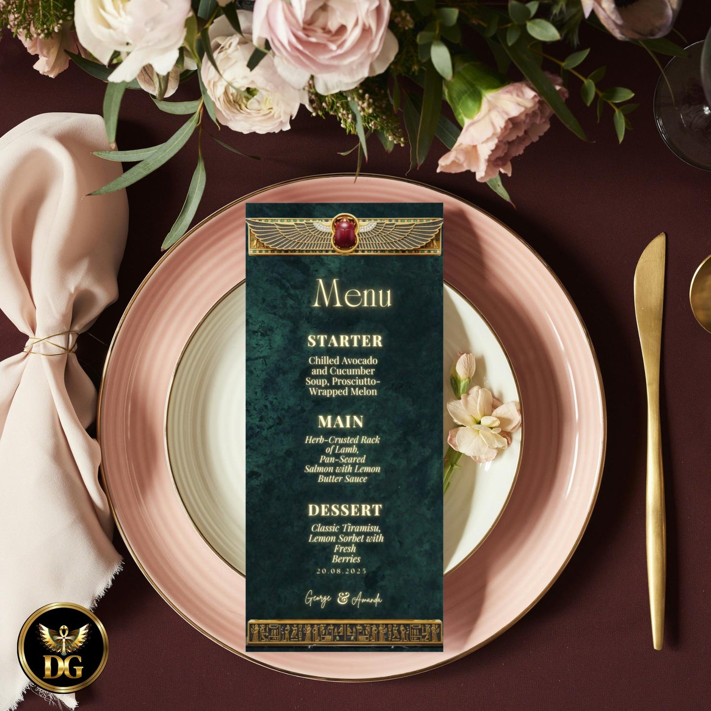 Regal Emerald Green Velvet Wedding Invitation, Ancient Egyptian Gold Frame, Winged Scarab Luxury Digital Invite