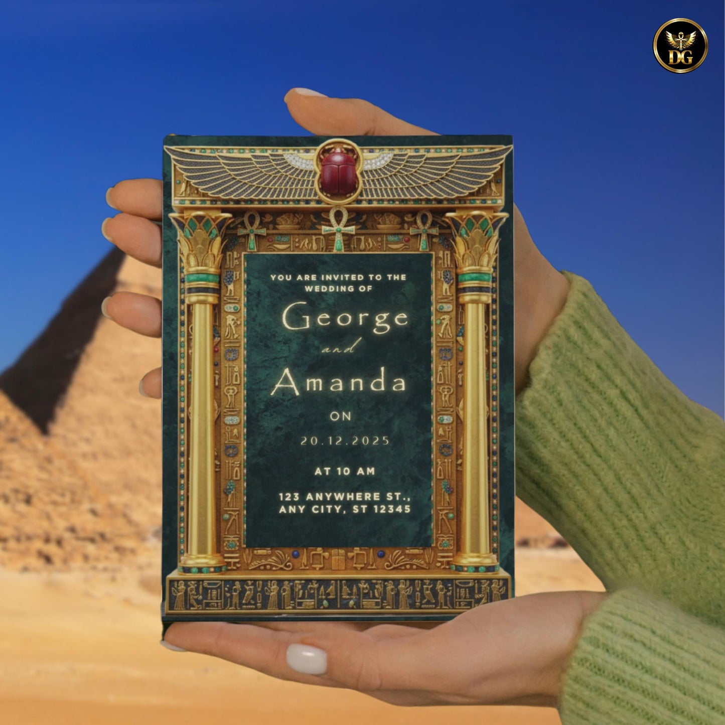 Regal Emerald Green Velvet Wedding Invitation, Ancient Egyptian Gold Frame, Winged Scarab Luxury Digital Invite