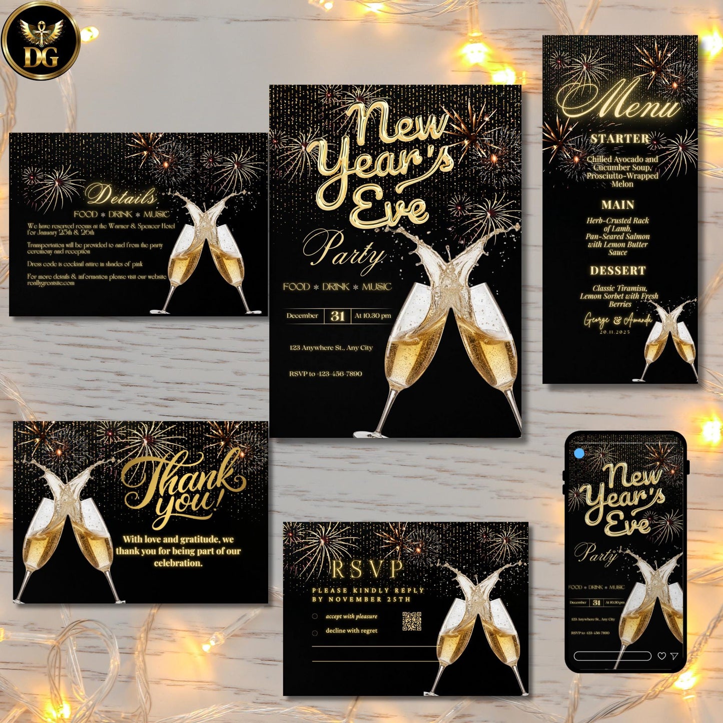 Black and Gold NYE Party Invitation Template | Editable Canva Digital Invite | Fireworks Champagne Luxury Set | Instant Download
