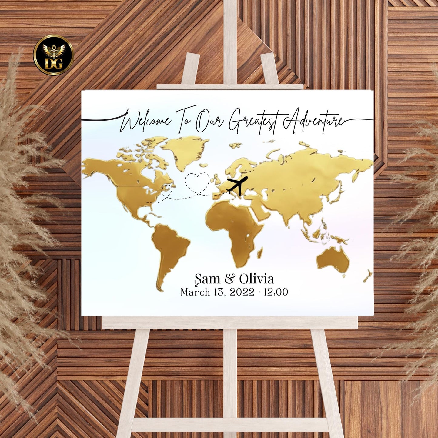 Golden World Map Welcome Sign - Light Pastel Background, 3 Sizes, 10 Extra Map Colors & Plane Shapes