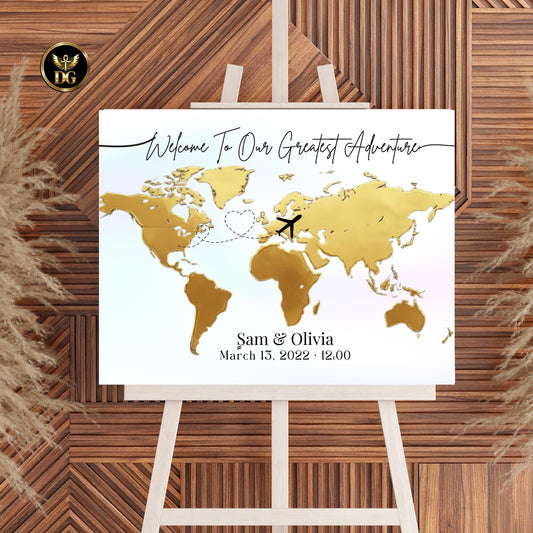 Golden World Map Welcome Sign - Light Pastel Background, 3 Sizes, 10 Extra Map Colors & Plane Shapes
