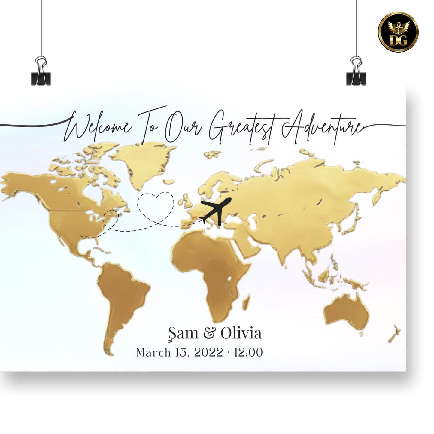 Golden World Map Welcome Sign - Light Pastel Background, 3 Sizes, 10 Extra Map Colors & Plane Shapes