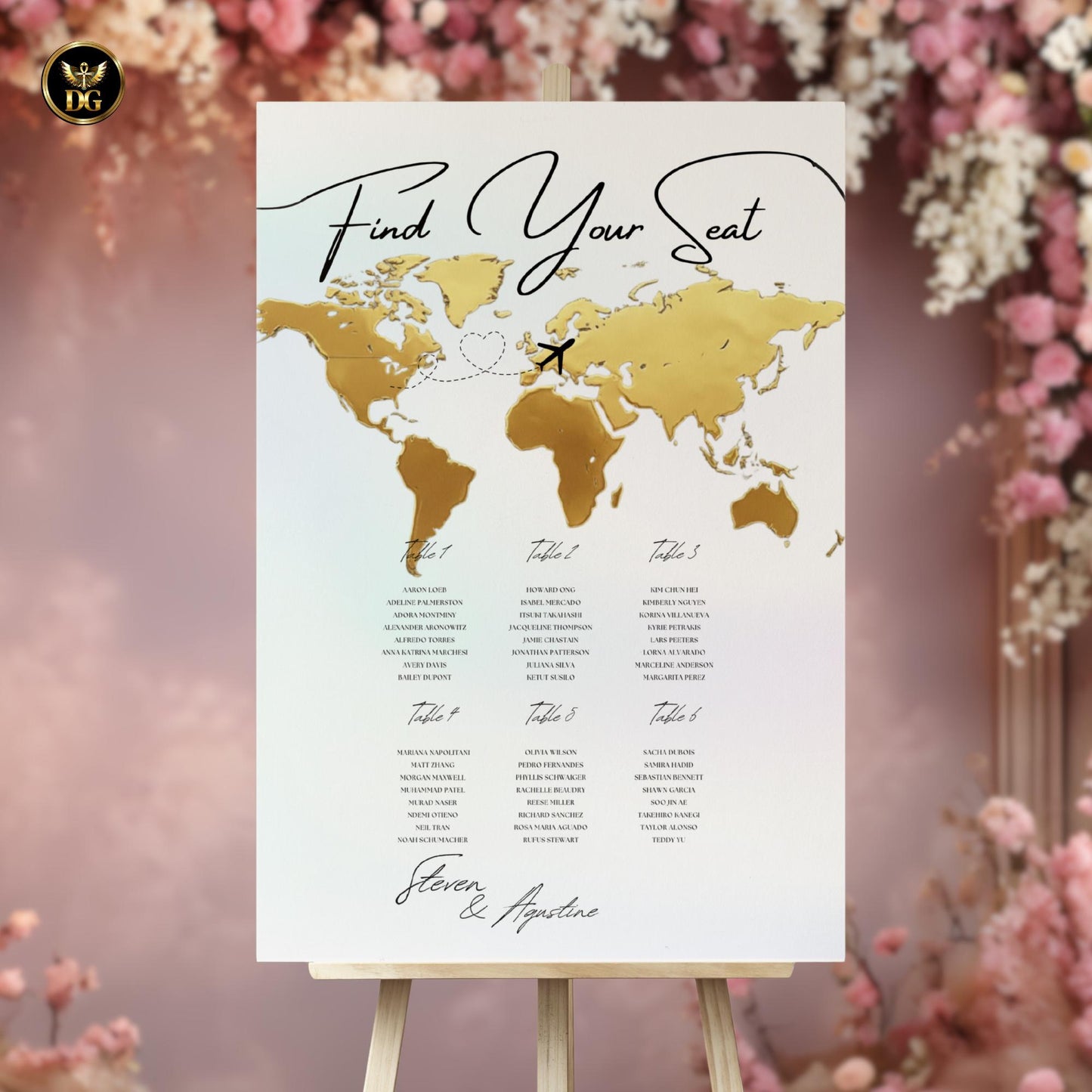 Golden World Map Seat Chart - Light Pastel Background, 3 Sizes & 10 Color Options