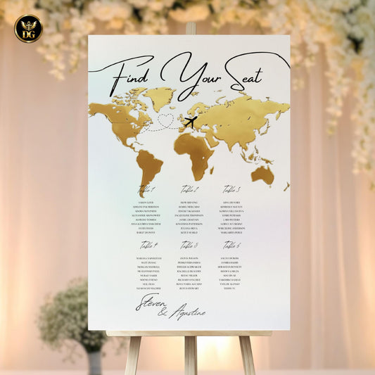 Golden World Map Seat Chart - Light Pastel Background, 3 Sizes & 10 Color Options