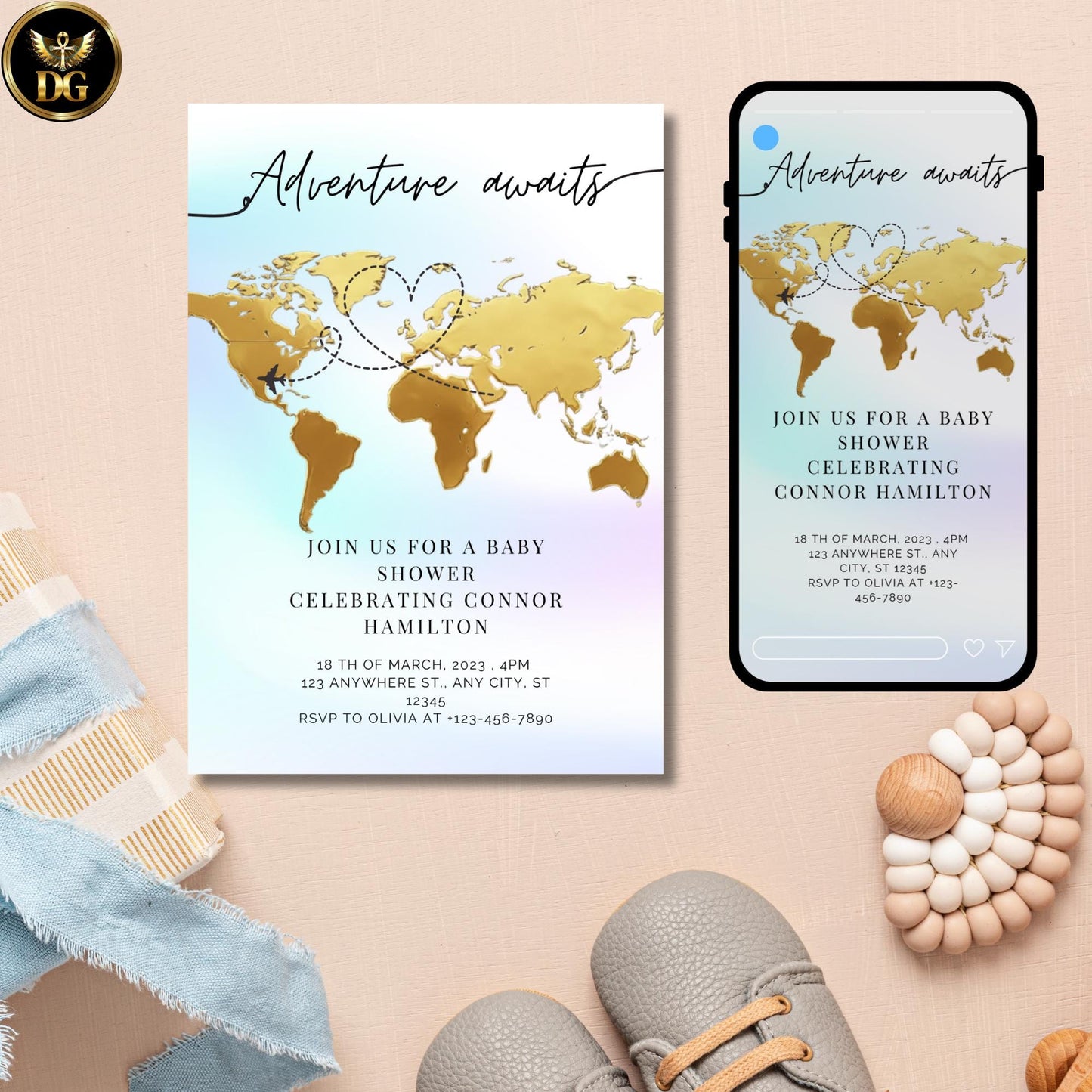 Golden World Map Baby Shower Invitation Adventure Awaits Travel Theme Pastel Digital Printable Airplane 10Colors Instant Download Wanderlust