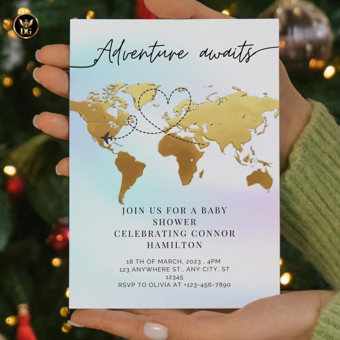 Golden World Map Baby Shower Invitation Adventure Awaits Travel Theme Pastel Digital Printable Airplane 10Colors Instant Download Wanderlust