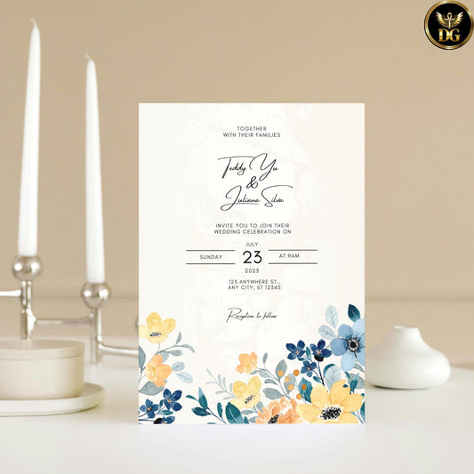 Boho Blue Yellow Floral Wedding Invitation Template, Editable Digital Suite, Blush Pink Accents & RSVP