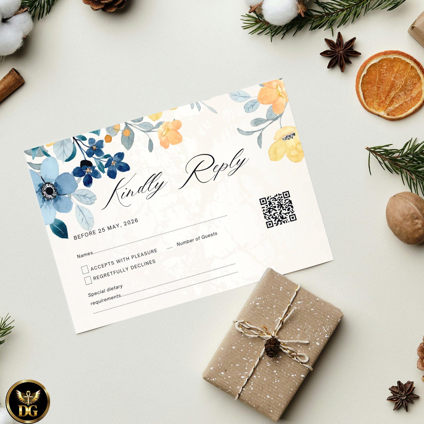 Boho Blue Yellow Floral Wedding Invitation Template, Editable Digital Suite, Blush Pink Accents & RSVP
