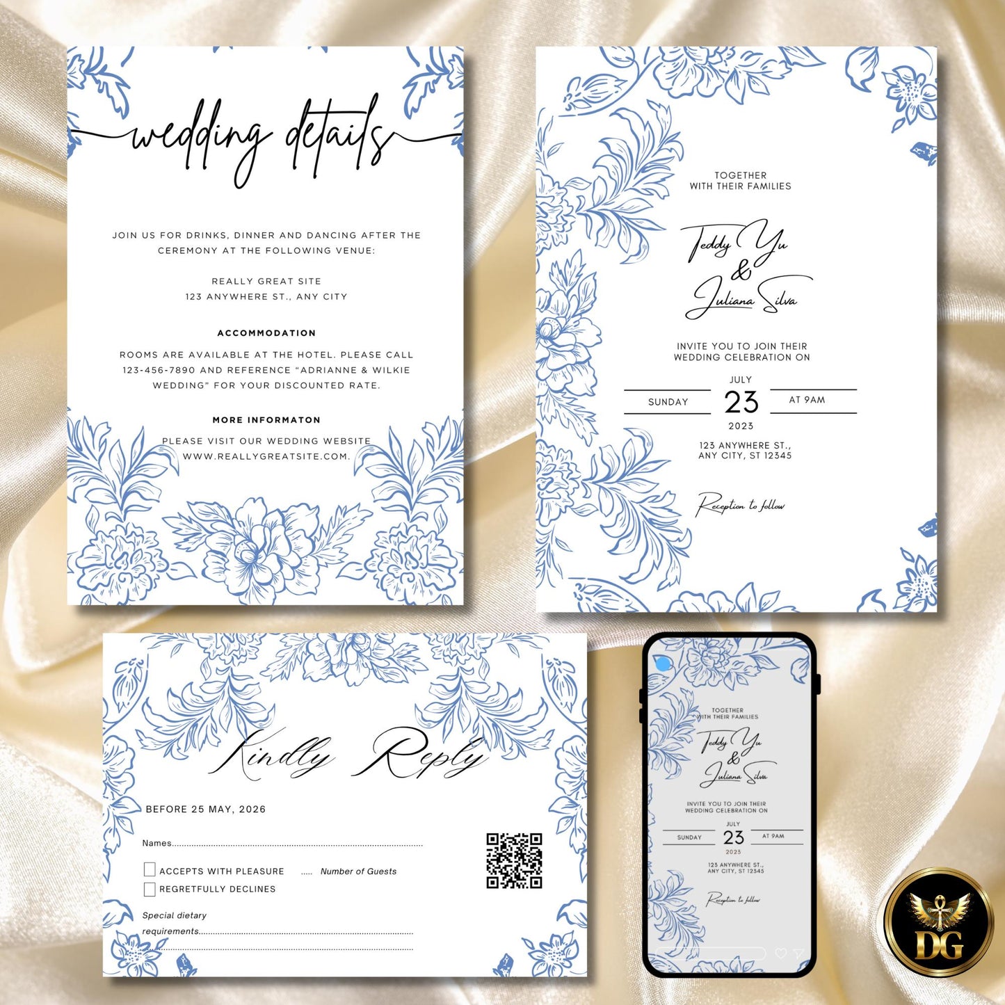 French Toile Wedding Invitation Template, Vintage Light Blue Floral Digital Suite, Editable Printable Elegant Invites & RSVP