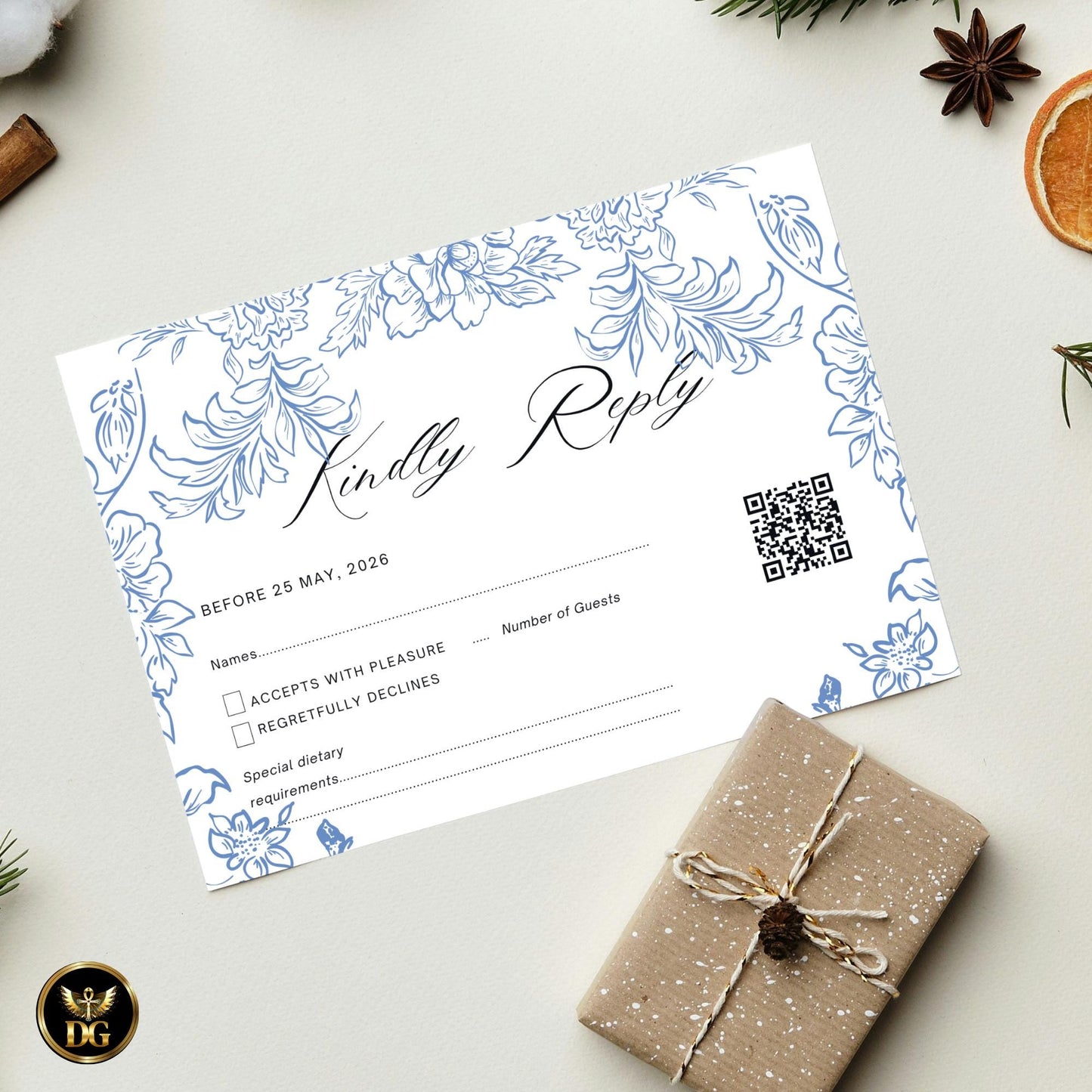 French Toile Wedding Invitation Template, Vintage Light Blue Floral Digital Suite, Editable Printable Elegant Invites & RSVP