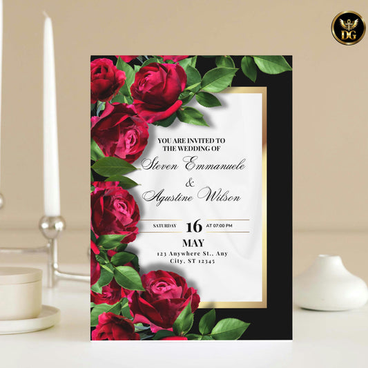 Luxury Black Wedding Invitation Template with White Silk Texture, Gold Frame Red Roses Digital Suite, Editable Printable Dramatic Invites