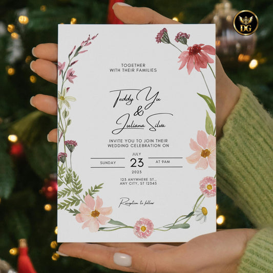 Wildflower Wedding Invitation Suite Editable Canva White Floral Wreath