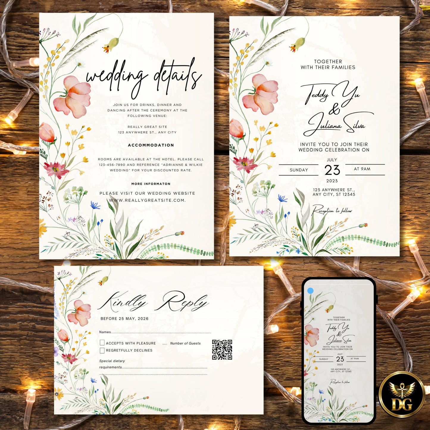 Cream Gold Wildflower Wedding Invitation Editable Canva Boho Floral Suite